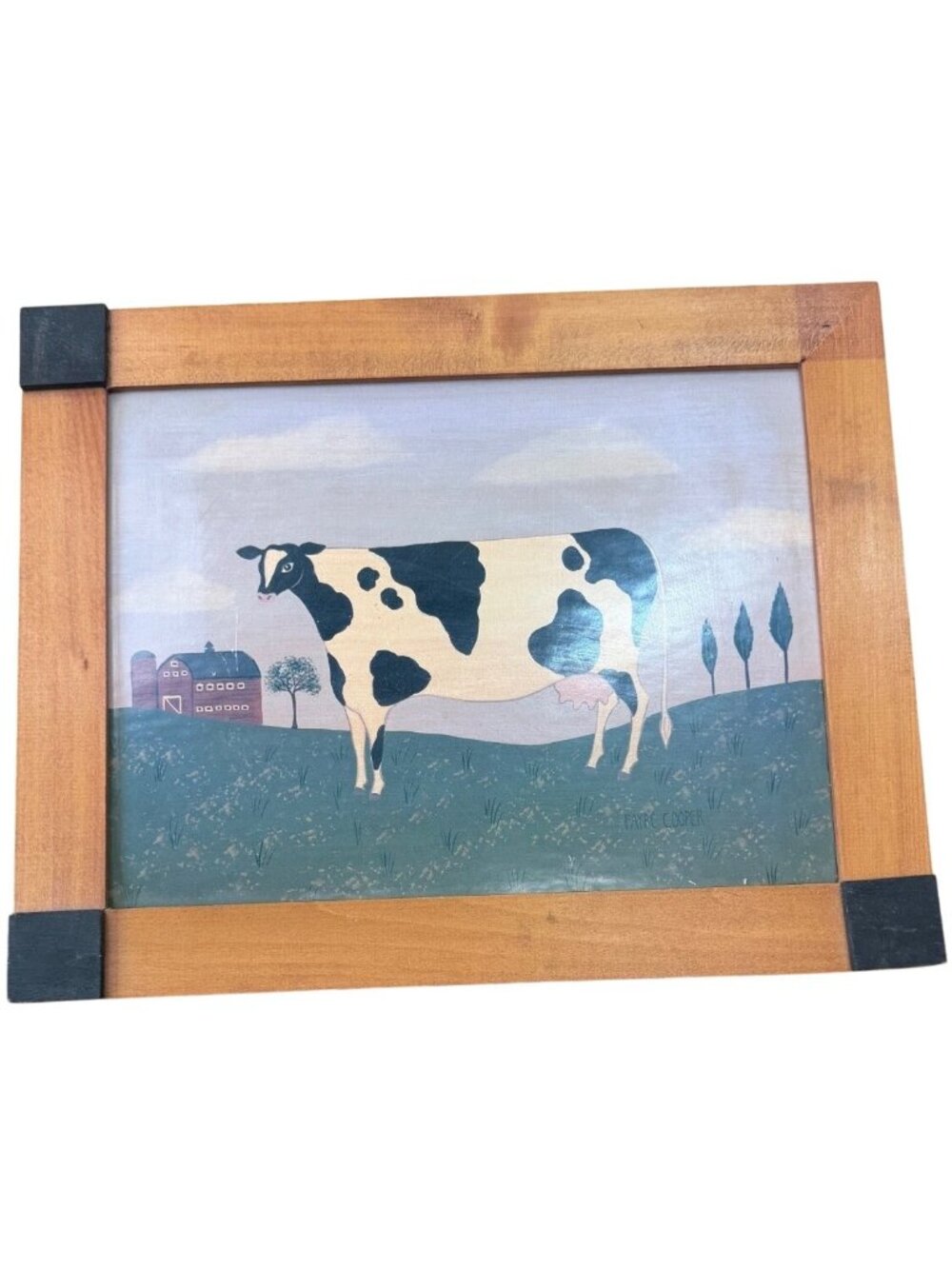 Framed folk art print, American rural scene, Holstein cow